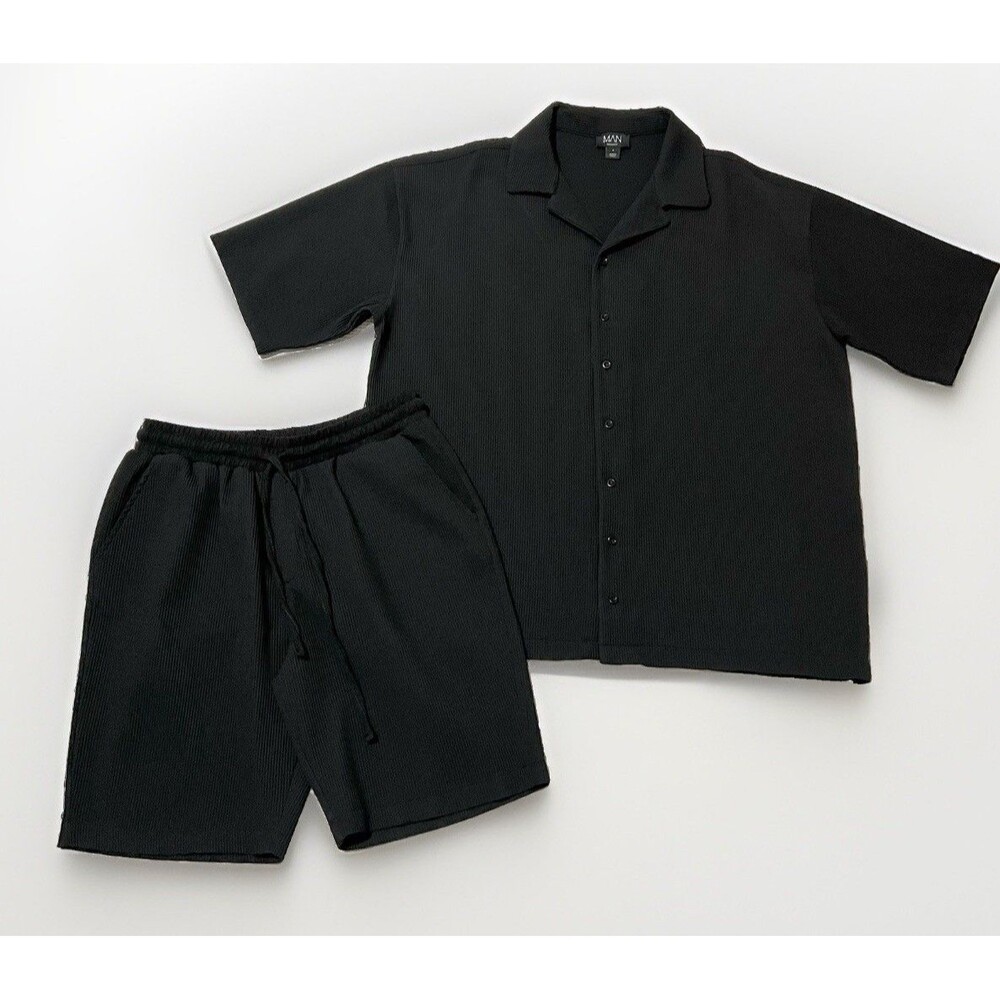 BoohooMAN Pleated Black Oversized Shirt & Shorts Set Men’s Medium Boxy Loose